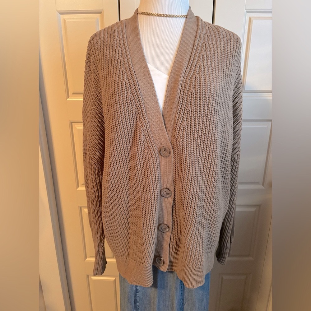 Jenni Kayne Tan Fisherman Chunky Knit Cardigan Sweater Sz L